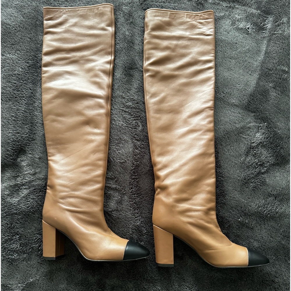 Stuart Weitzman leather brown over the knee boots with black toe